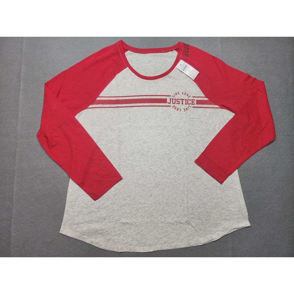 Justice Girls Raglan Baseball Tee Grey Red Live Love Justice Graphic Size 20/22